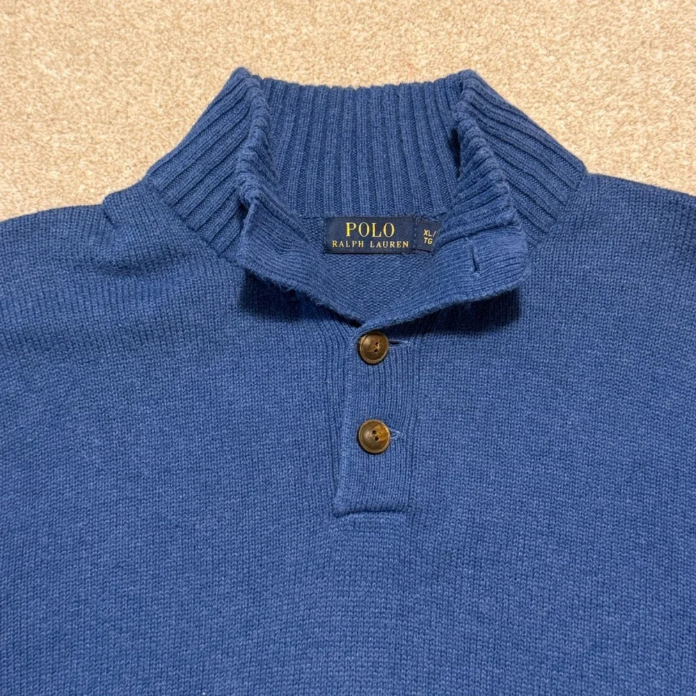 Polo Ralph Lauren Sweater Mens Xl Mock Neck Blue Button‎ Pullover Knit Cotton